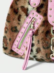 ROMWE Grunge Punk Túi Tote Họa Tiết Da Báo Chắp Vá Màu Hồng Y2K Cho Nữ - Dung Tích Lớn Có Khóa Kéo & Đinh Tán, Ví Mùa Đông Cá Tính Cho Nữ Sử Dụng Hàng Ngày - Màu Khaki - Xem 4