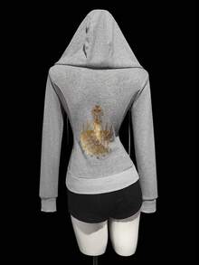 SHEIN ICON Damen Y2K einfarbiger Kapuzen-Reißverschluss-Grafik-Lässig-Vielseitig-Langarm-Sweatshirt, Winter für Frauen Grauer Reißverschluss-Sweatshirt Grau - Grau - Übersicht 2