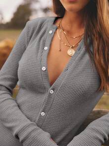 Aralina 女士简约纯色纽扣前开襟拇指孔长袖连体裤，秋冬季 - 灰色 - 查看 4