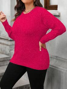 EMERY ROSE Plus Size Women's Solid Color Crew Neck Long Sleeve Casual Sweater, Autumn/Winter - Hot Pink - View 5