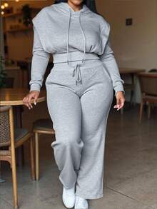 INAWLY 女式浅灰色连帽衫和阔腿裤套装，秋季 - 淺灰色 - 查看 1
