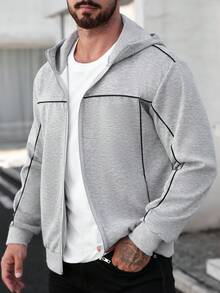 Manfinity Homme Men's Casual Contrast Trim Zip-Up Hooded Sweatshirt Hoodie Sweatshirt Casual Hoodies Grey Zip Up Hoodie Grey Hoodie With Zipper Zip Up Hoodie, Long Sleeve Top - Grey - View 3