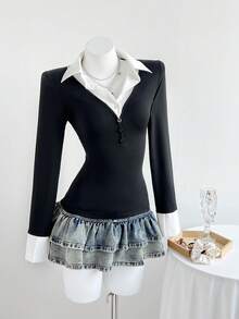 Elamini Áo thun dài tay cổ chữ V màu tương phản ngọt ngào và cay nồng dành cho nữ, mùa thu - màu đen - Xem 3