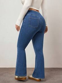 Enliva Quần jeans ống loe co giãn cao cấp dành cho nữ cỡ lớn, có chi tiết túi, phù hợp với dáng người quả táo và tròn trịa. - Màu xanh lam - Xem 2