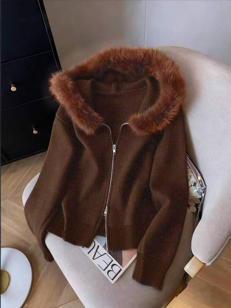 GlowEve 1 Áo khoác cardigan nữ màu trơn có mũ trùm đầu bằng vải nhung có khóa kéo tối giản - Màu nâu Sô-cô-la - Xem 1
