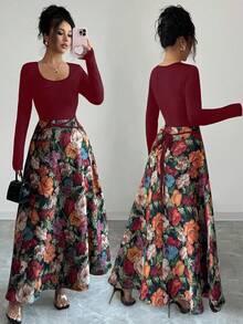 Elenzga 标准尺码女士优雅印花方领长袖连衣裙 - 紅色 - 查看 3