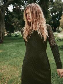 Freevana 女士休闲撞色蕾丝插肩袖连衣裙，秋季绿色连衣裙，波西米亚风女装，哥特乡村西部风 - 軍綠色 - 查看 8