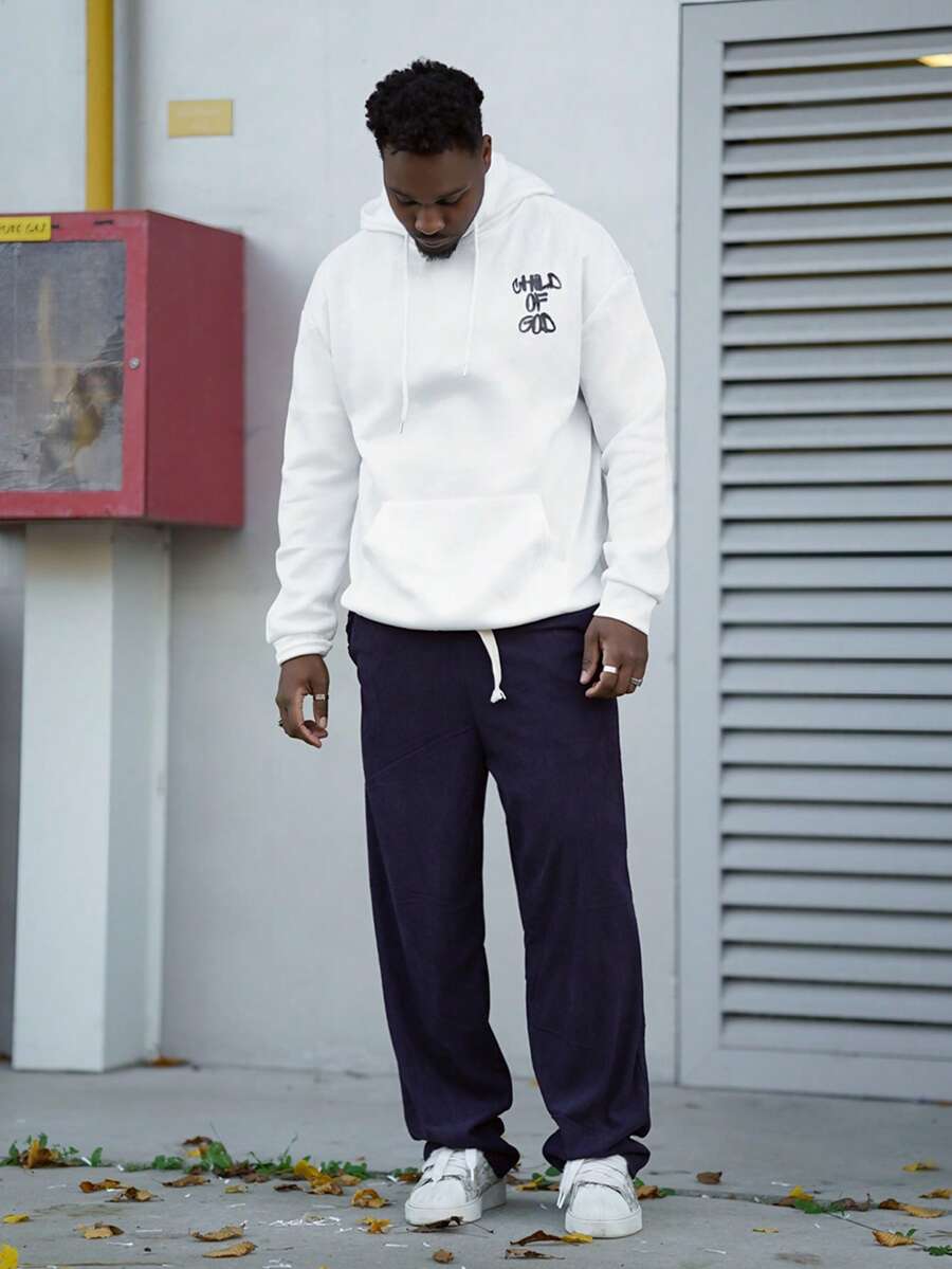 Heavens Edit 男式字母印花长袖抽绳休闲连帽运动衫，返校季，秋冬 - 白色 - 查看 1