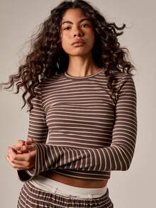 AiiRZ Horizontal Striped Long Sleeve Crew Neck Ribbed Top Fall Winter Casual Basic Tee - Coffee Brown - View 3