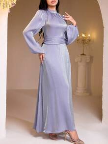 Veilorie Women's Solid Color Stand Collar Lantern Sleeve Waist Ruched Elegant Arabic Dress - Mauve Purple - View 7