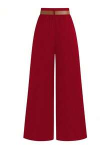 SHEIN Tall CURVE 加大码 TALL 系列女士简约褶裥直筒裤，工作服 - 紅色 - 查看 2