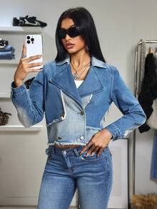 Jeanoix Chaqueta vaquera corta de mujer con cuello de solapa, de doble botonadura, con parches y acabado desgastado, de estilo casual y urbano, para primavera/otoño - Azul lavado medio - Ver 7