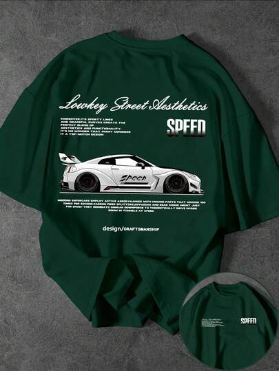 Glimmora Men's Slogan & Racing Car Print Round Neck Loose Casual Short Sleeve T-Shirt