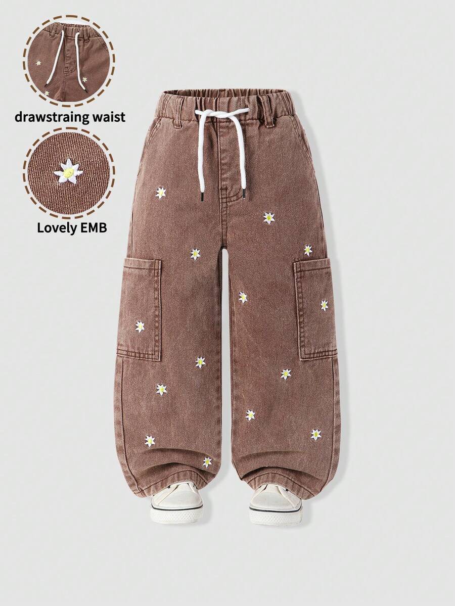 SHEIN Jeans dritti comodi e larghi per ragazze, con vita regolabile, fascia elastica in vita, ricamo floreale e tasche multiple - Caffè Marrone - Visualizzare 1