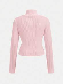 Tween Girls Solid Color Knit Turtleneck Casual Slim Fit Ribbed Pullover T-Shirt,Light Pink Winter School Versatile Layering Top Long Sleeve Ribbed Top - Pink - View 2