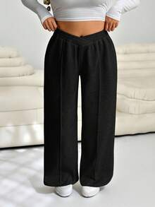 SHEIN EZwear Große Größen V-Taille Weit Geschnittene Lässig Zuhause Jogginghose, Herbst/Winter, Schwarz - Schwarz - Übersicht 8