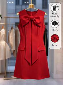 Regalyn Christmas Plus Size Elegant Comfortable Bowknot Casual Midi Dress, Suitable For Commuting And Leisure
