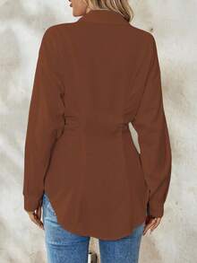 Chiquease 女士优雅度假纯色落肩长袖收腰休闲衬衫 - 棕色 - 查看 2