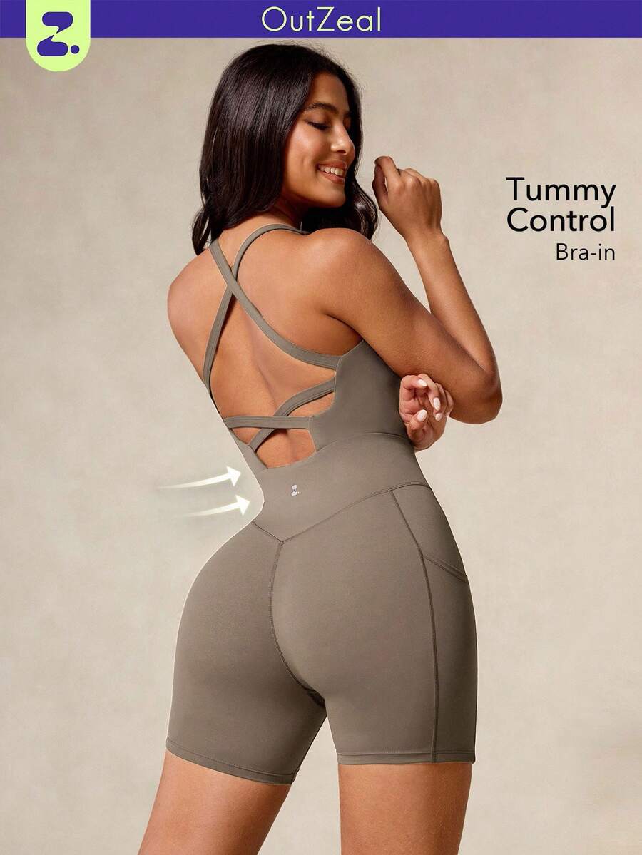 OutZeal Mono deportivo para mujer, conjunto de ciclismo y gimnasio de verano con control de abdomen, tela transpirable y diseño sin espalda - Caqui - Ver 1