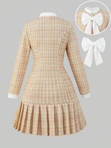 SHEIN 女童卡其色格子褶裥下摆立领前开襟针织连衣裙，适合优雅、日常和通勤穿着。 - 卡其色 - 查看 2