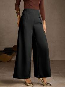 MOTF PREMIUM SOLID HIGH WAIST FOLD PLEATED WIDE LEG PANTS - Black - View 4