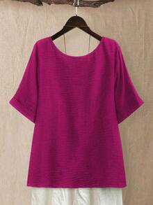 Linhara 大码女式圆领休闲/日常/外出/简约/度假图案绿色套头衫，春夏 - 玫紅色 - 查看 2