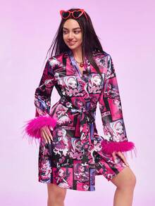 Notgurli Comfortable Casual Cartoon Pattern Plush Cuff Pink Women Robe - Black - View 4