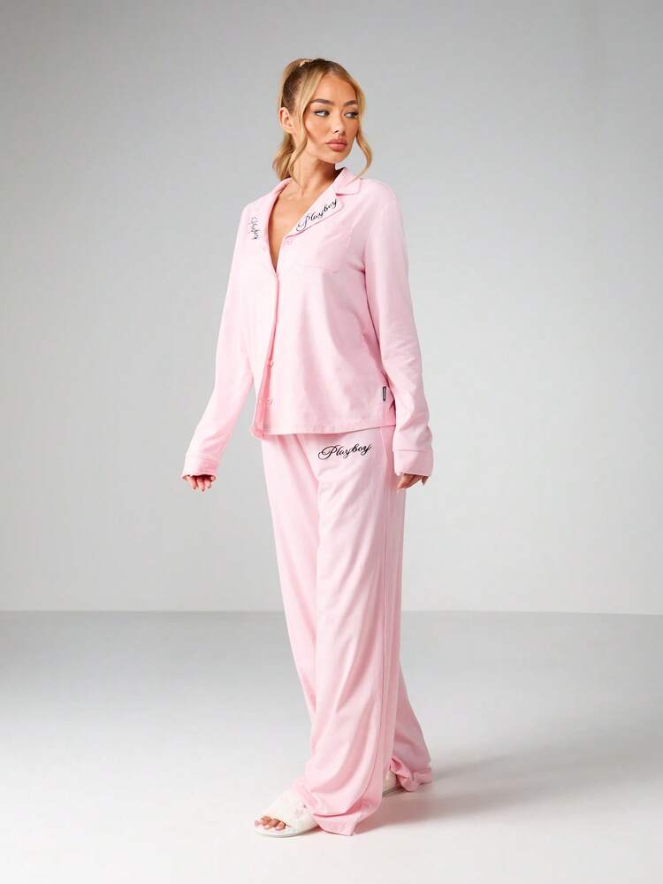 Missguided x Playboy Ensemble pyjama boutonné brodé avec pantalon à jambes larges