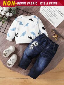 SHEIN Playful Pals Baby Boy Dinosaur Print Long Sleeve Top And Elastic-Waist Jeans-Style Pants, Fall/Spring - White - View 3