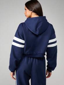 Missguided x Playboy Sudadera con capucha con cremallera completa en azul marino con rayas universitarias blancas para uso casual en invierno - Azul Marino - Ver 2