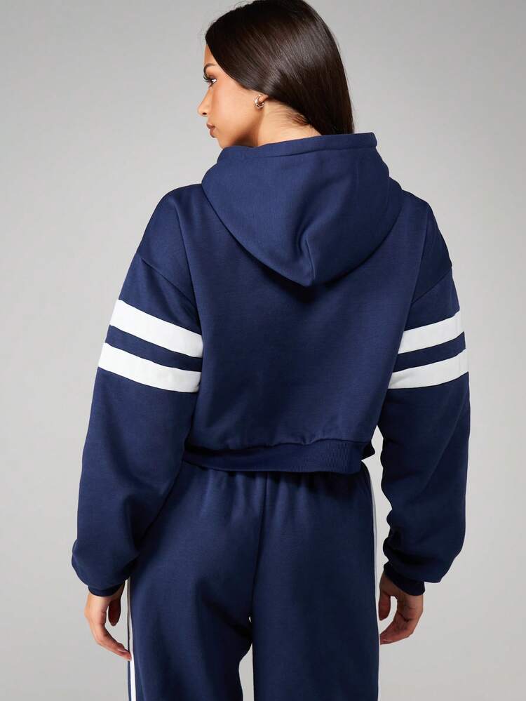 Missguided x Playboy Athletics Navy Full-Zip Hooded Sweatshirt With White Varsity Stripes For Casual Winter Wear