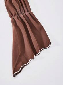 MODELY 少女撞色荷叶边领露肩吊带腰部镂空不对称喇叭袖连衣裙，适合日常休闲穿着 - 彩色 - 查看 3