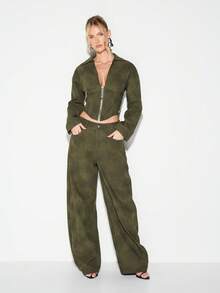 KIZN High Waisted Suede Balloon Wide Leg Pants With Button Closure And Side Pockets Fall Winter Casual Palazzo Style Trousers - Brown - View 3