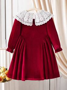Elladie kids Girls' Elegant Holiday Dress, Peter Pan Collar, Lace Trim Double Layer Collar, Suitable For Christmas, Halloween, Party, Birthday Gift, Red