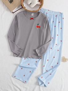 女童蓝灰色樱桃印花长袖上衣和罗纹休闲裤家居服套装 - 彩色 - 查看 4