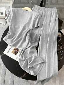 Sparklyn Ensemble t-shirt à volants et pantalon large pour adolescentes, ensemble décontracté avec imprimé centaure américain - Gris - Voir 2