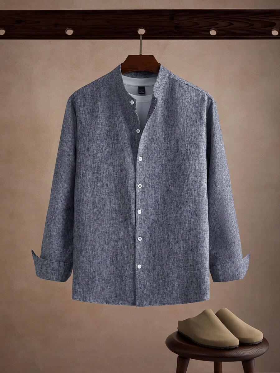 Core Aspect Loose Fit Men's Solid Color Plain Urban Button-Up Long Sleeve Shirt, For Husband, Fall, Old Money Style