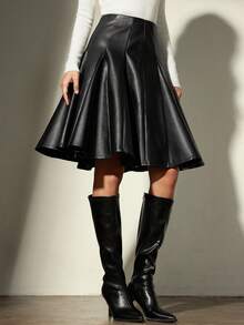 Aveloria Modichic Retro European Style Casual Patchwork Faux Leather PU Skirt - Black - View 1