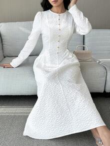 Feyla Women's Floral Jacquard Button Design Round Neck Puff Sleeve Elegant Mid-Length Dress - White - View 6