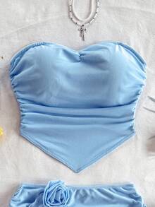 Soleia 2 件套女士纯色褶皱抹胸上衣和 3D 花卉装饰迷你裙 - 藍色 - 查看 8