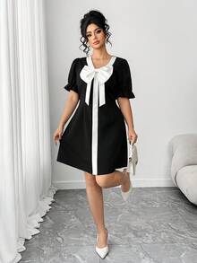 SHEIN Elenzya Đầm xòe phối màu dành cho nữ cỡ lớn, thiết kế nơ, thích hợp cho ngày Valentine. - màu đen - Xem 5