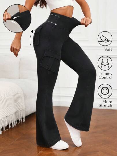 Flexra Women's Solid Color High Waist Flare Cargo Jeans