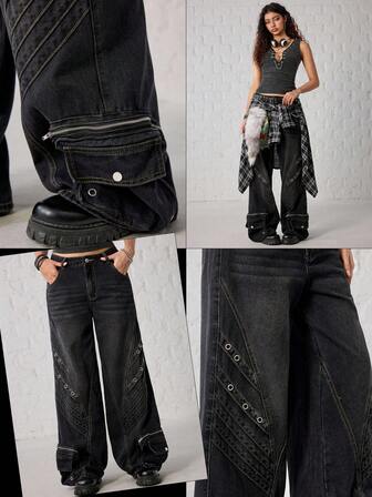 Grunge Punk Y2K Punk Rivet Decor Distressed Vintage Washed Loose Flare Jeans