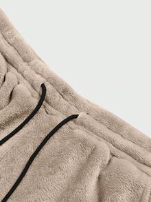 Manfinity Roghcode Men's Letter Embroidered Drawstring Waist Fluffy Sweatpants,Khaki,Autumn,Streetwear,Dress Plush Fleece For Warmth,Coral Wide Leg Flared Bell Bottoms - Brown - View 4
