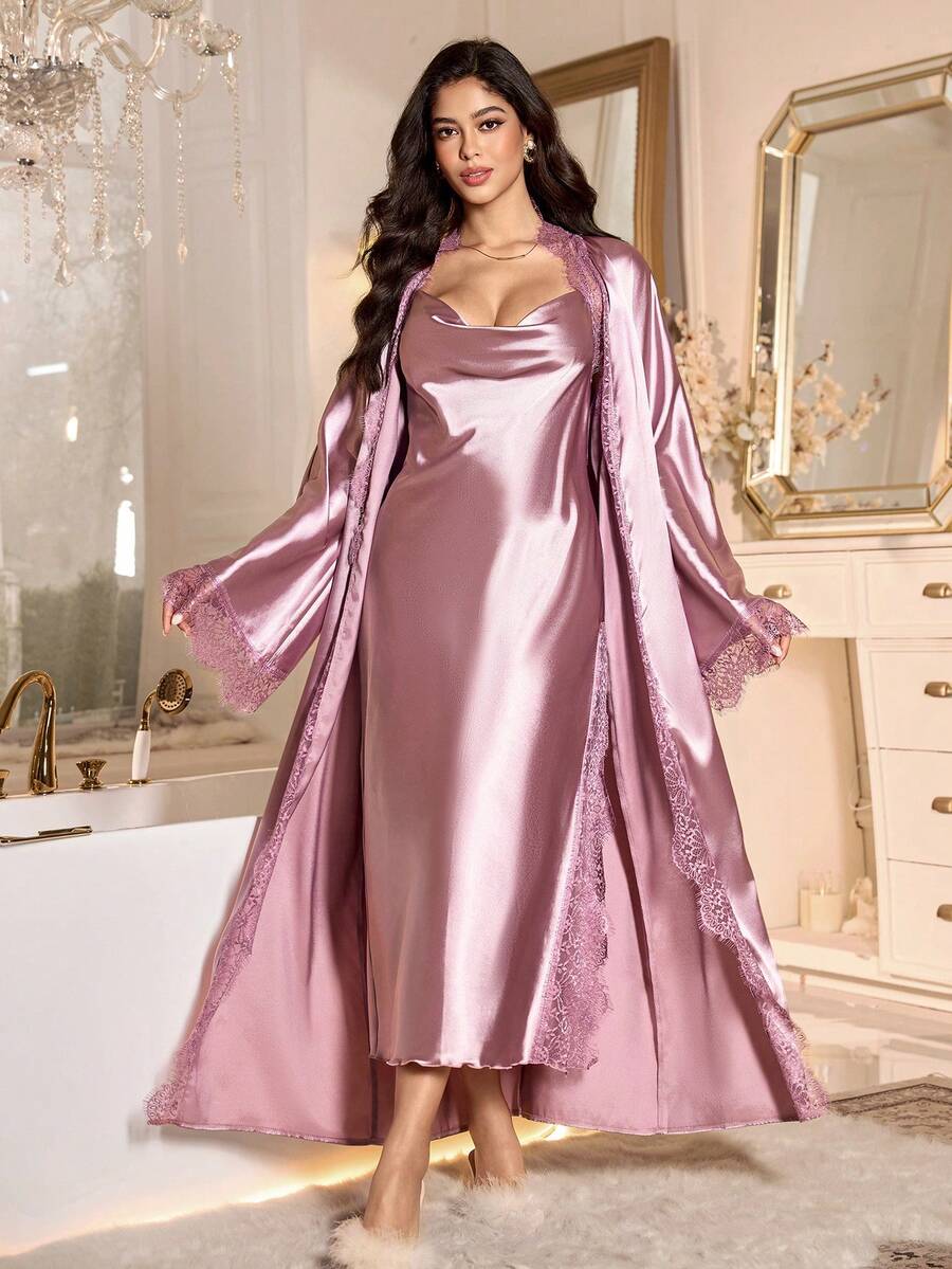 LuxeNights Bộ đồ ngủ hai dây cổ khoét sâu ren xẻ cao và áo choàng Bộ đồ ngủ satin Áo choàng satin dài Váy ngủ satin, Quần áo mùa thu và mùa đông - Màu Lilac Tím - Xem 1