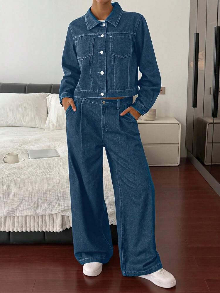 Women's Long Sleeve Single-Breasted Jacket And Wide-Leg Jeans Casual Suit