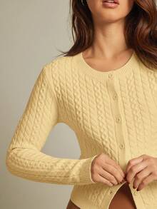 WESTFADE Mix Stitch Cable & Rib Knit Crew-Neck Button Front Cardigan Fall Autumn For Women Country Concert - Light Yellow - View 4
