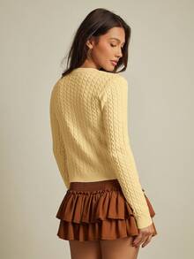 WESTFADE Mix Stitch Cable & Rib Knit Crew-Neck Button Front Cardigan Fall Autumn For Women Country Concert - Light Yellow - View 5