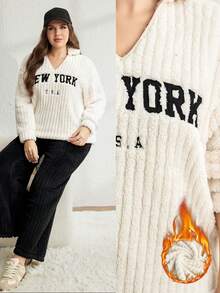 SHEIN LUNE Plus Size 2pcs/Set Solid Color Lapel Long Sleeve Top And Pants Casual Outfit,Winter Thermal Lined Knit Sweater Lounge Wear Sets,Black And White School - Multicolor - View 8