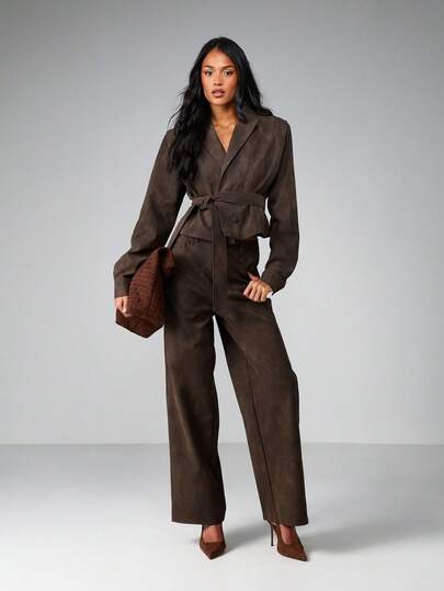 MISSGUIDED Pantaloni largi din piele întoarsă cu curea, talie înaltă, pantaloni palazzo de toamnă-iarnă cu cusături